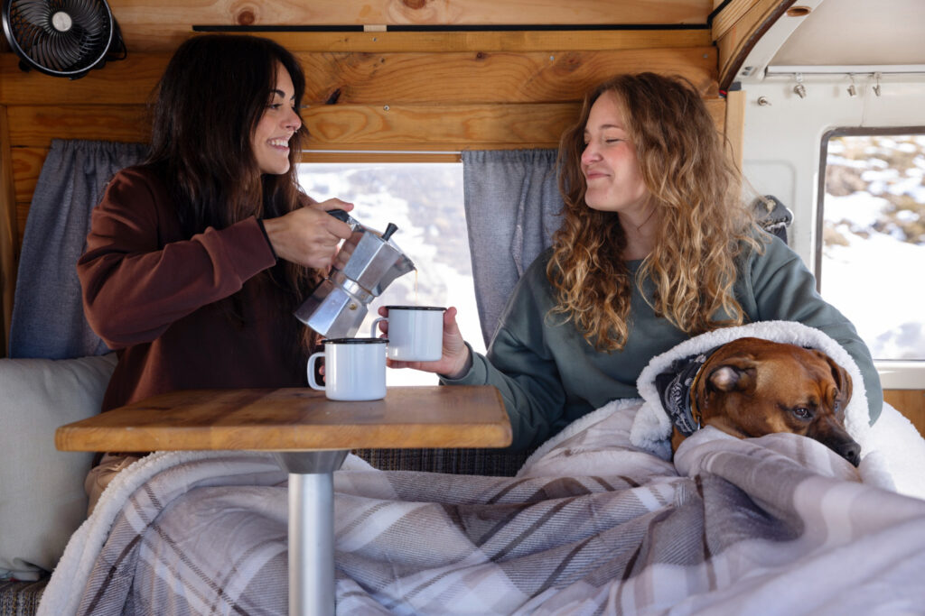 winter motorhome camping and having a coffee
